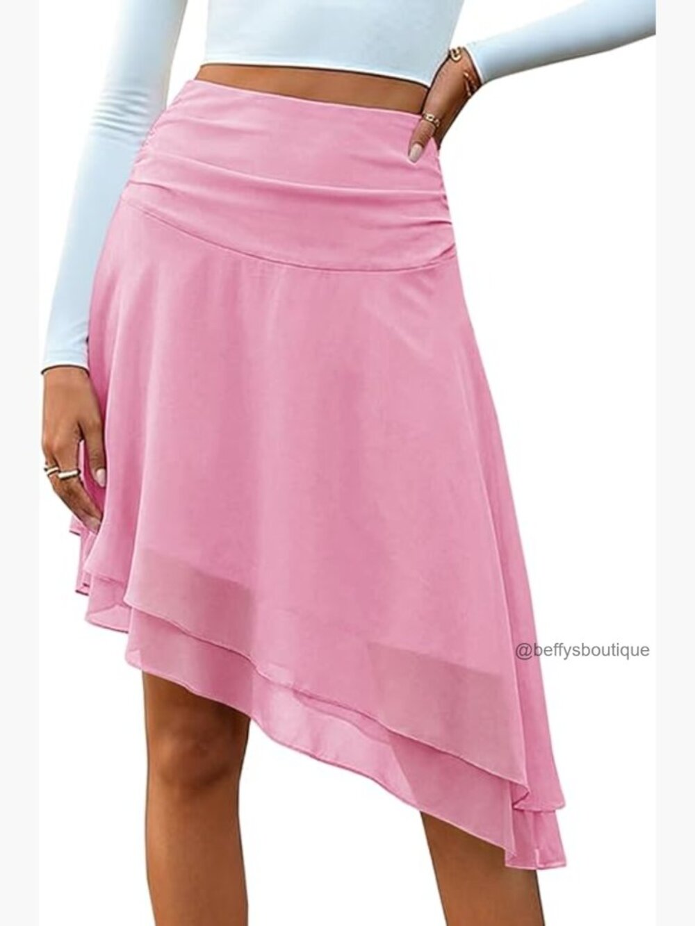 Midi Skirt Mesh Ruched Asymmetrical High Waisted Tiered Loose Flowy Long
